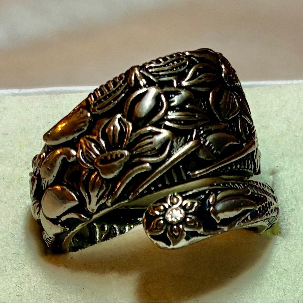 Floral Engraved Spoon Ring - Women's Statement Band in 9.25 Sterling Silver - Picture 8 of 15